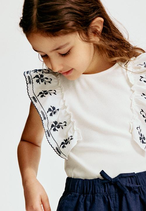 H&M - Frill-trimmed top - white/navy blue