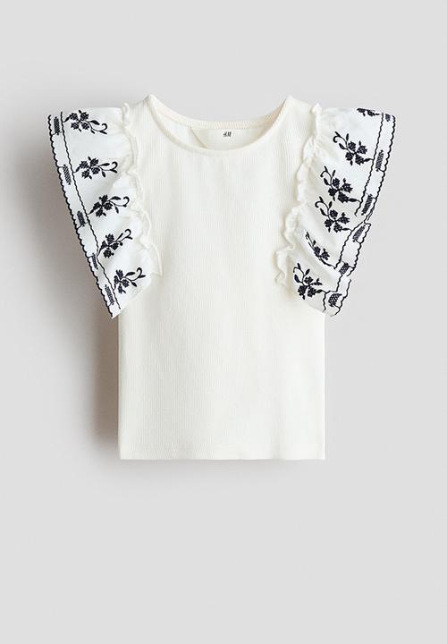 H&M - Frill-trimmed top - white/navy blue