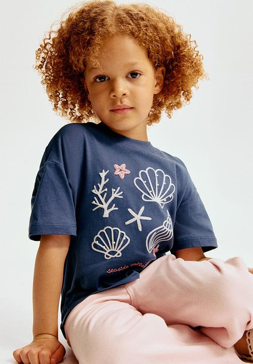 H&M - Embellished t-shirt - dark blue/seashells
