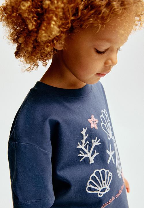 H&M - Embellished t-shirt - dark blue/seashells