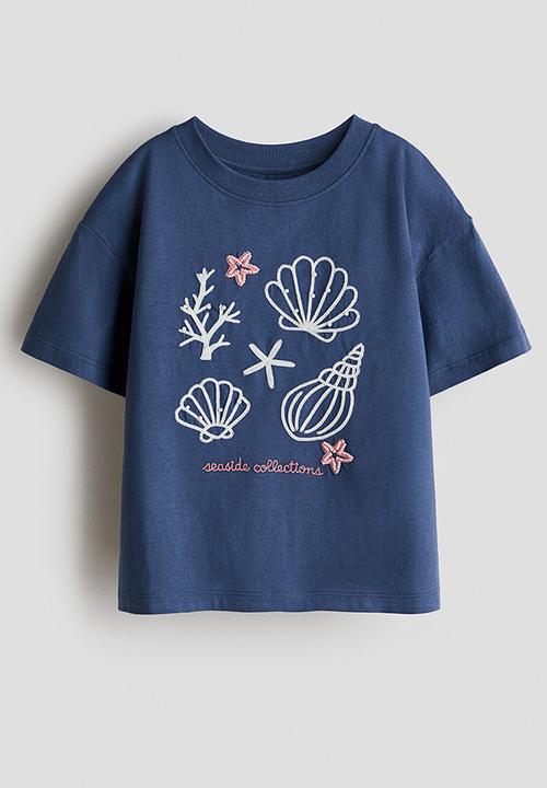 H&M - Embellished t-shirt - dark blue/seashells