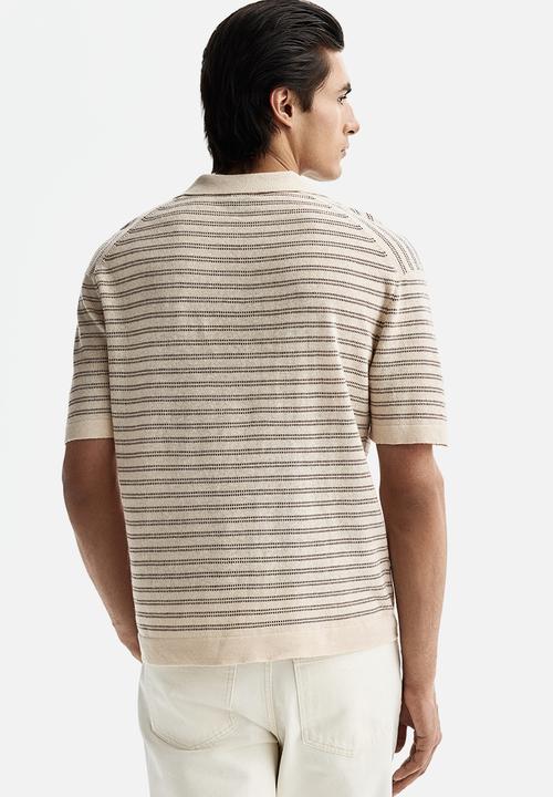 H&M - Regular fit linen-blend polo shirt - beige/striped