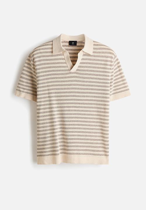 H&M - Regular fit linen-blend polo shirt - beige/striped
