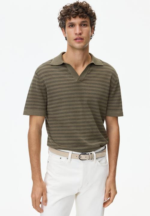 H&M - Regular fit linen-blend polo shirt - dark khaki green/striped