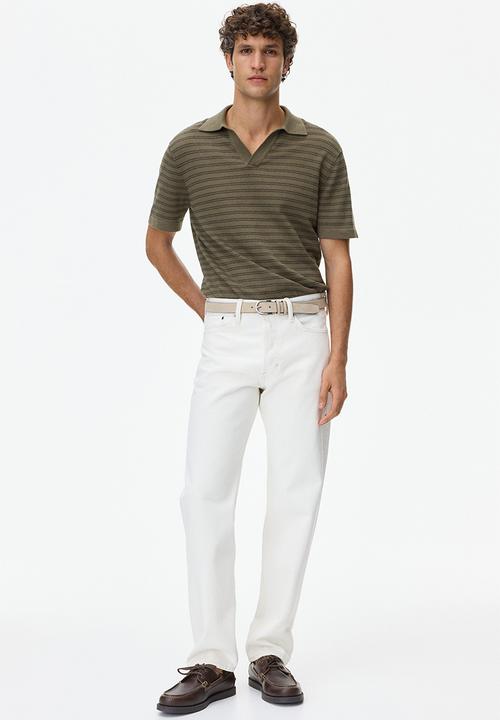 H&M - Regular fit linen-blend polo shirt - dark khaki green/striped