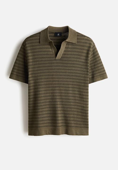 H&M - Regular fit linen-blend polo shirt - dark khaki green/striped