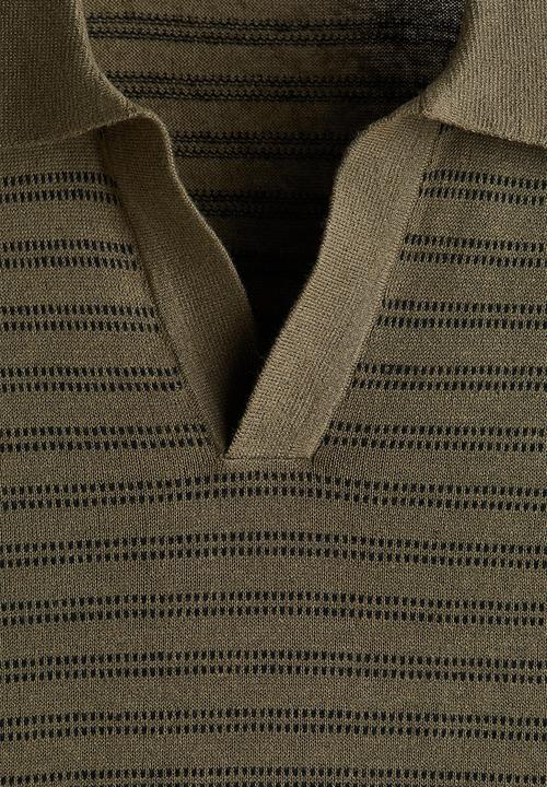 H&M - Regular fit linen-blend polo shirt - dark khaki green/striped