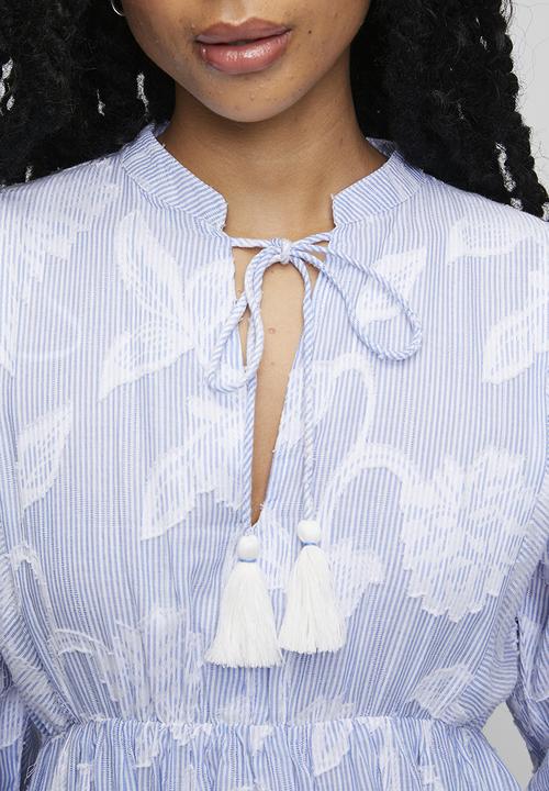 Izabel London - 3/3 Sleeve With Elastic Key Hole With Tie Neck Midi Dress - Blue