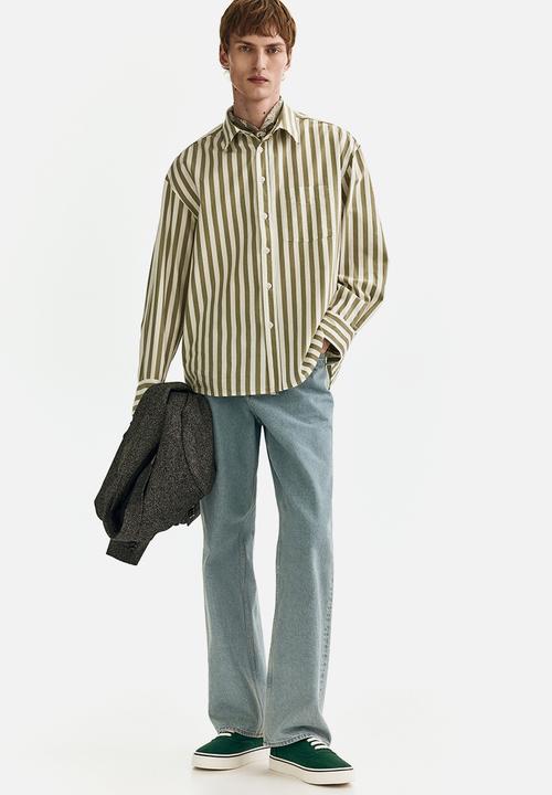 H&M - Relaxed fit poplin shirt - khaki green/striped