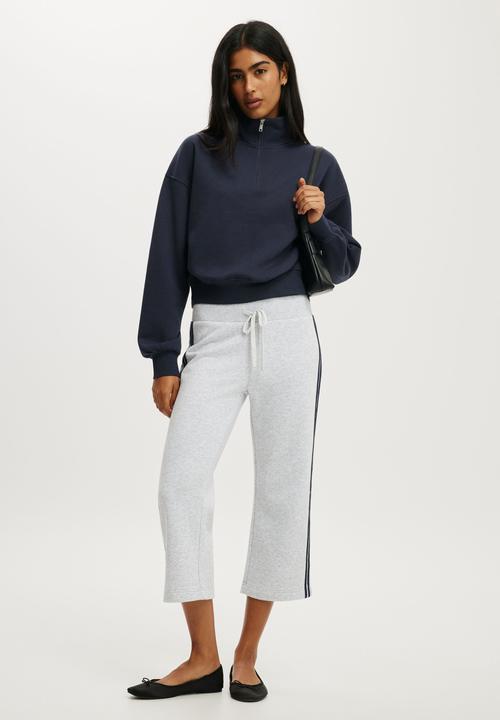 Cotton On - Capri Fleece Sweatpant - Light Grey Marle/Navy Stripe