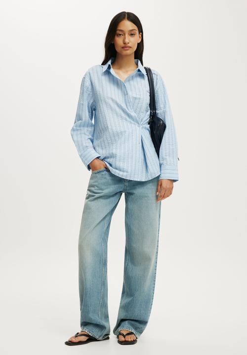 Cotton On - Ella Wrap Long Sleeve Shirt - Holly Stripe/Seaside Blue