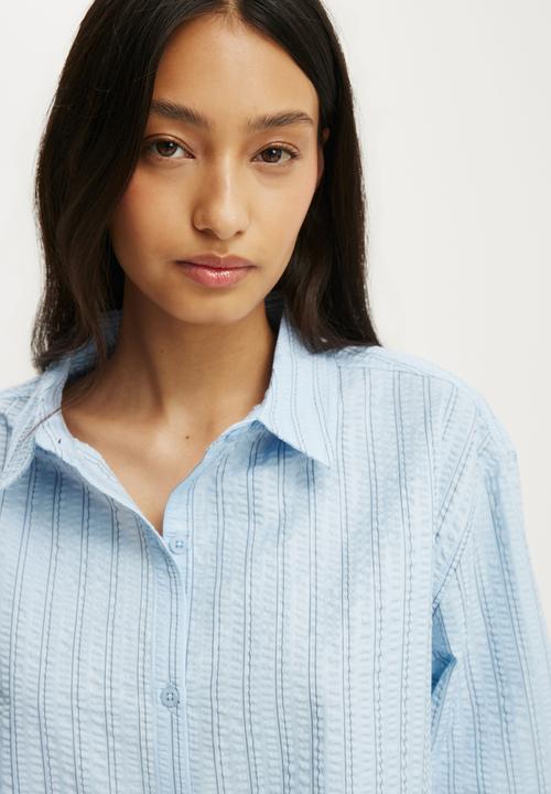 Cotton On - Ella Wrap Long Sleeve Shirt - Holly Stripe/Seaside Blue