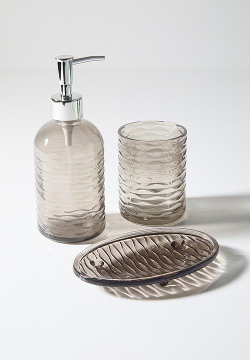 Bathroom Solutions - 3pc glass embossed bath acc set waves - neutral