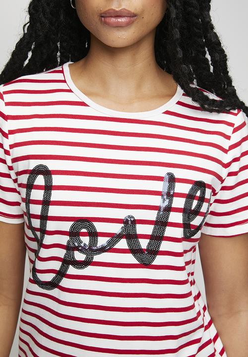 Stella Morgan - S/S Crew Neck Yarn-Dye Stripe Logo With Love Sequins - White And Red