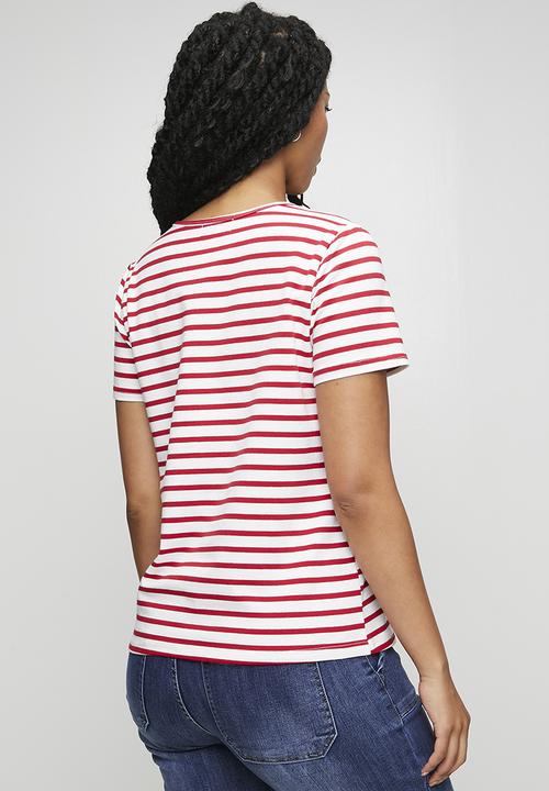 Stella Morgan - S/S Crew Neck Yarn-Dye Stripe Logo With Love Sequins - White And Red