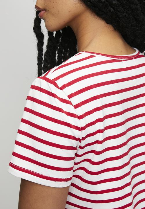 Stella Morgan - S/S Crew Neck Yarn-Dye Stripe Logo With Love Sequins - White And Red
