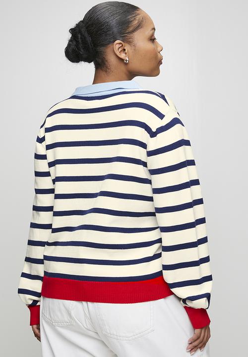 Me&B - Plus Colourblock Stripe Collar Cardigan - White Stripe