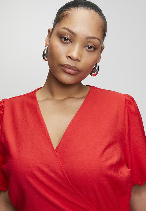 Me&B - Plus Functional Wrap Dress with RicRac Detail - Red