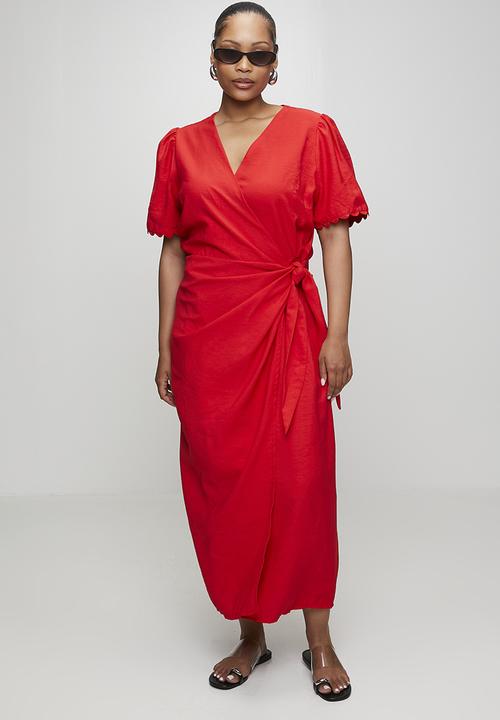 Me&B - Plus Functional Wrap Dress with RicRac Detail - Red
