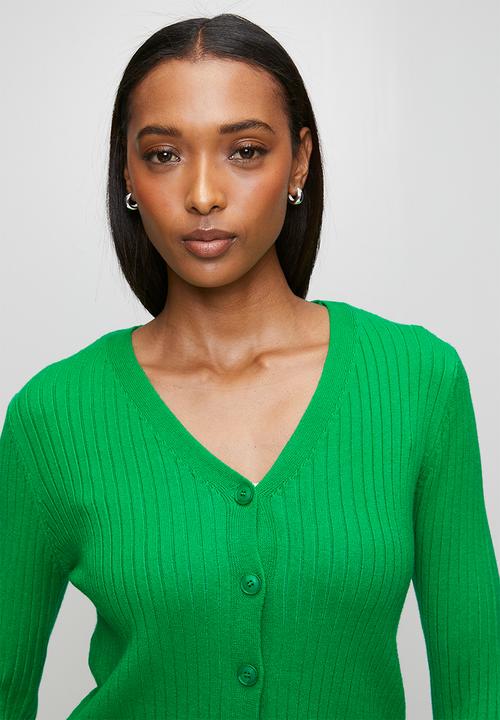 Stella Morgan - 3/4 Sleeve V-Neck Button Through Cardi With Scallop Hem  - Fort Green
