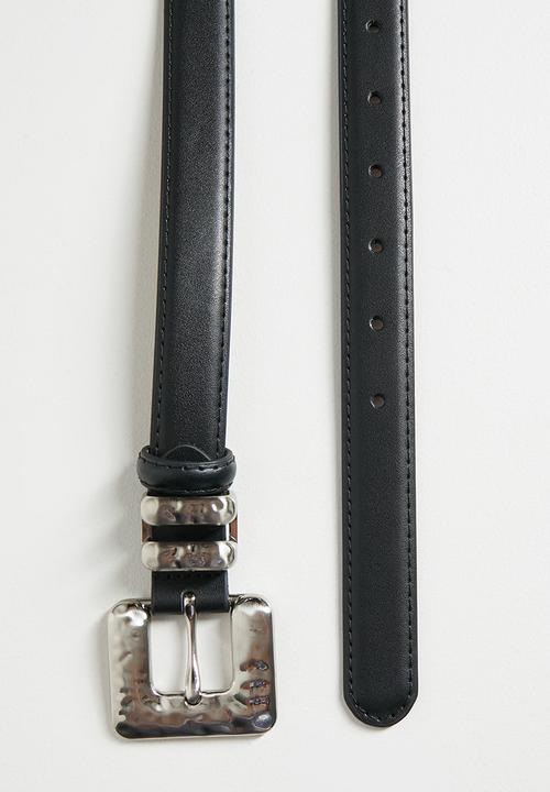 Tessa Design - Lillian Silver Textured Square Buckle Slim Belt - Black
