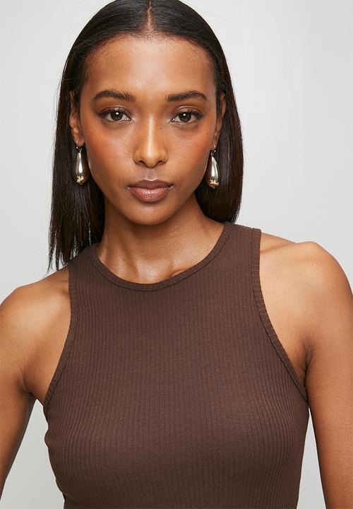 Brave Soul - Ladies Midi Ribbed Jersey And Poplin Mix Dress - Dark Brown