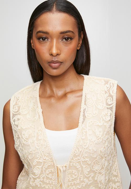 MANDI - Sleeveless V-Neck Crochet Waistcoat - Ivory