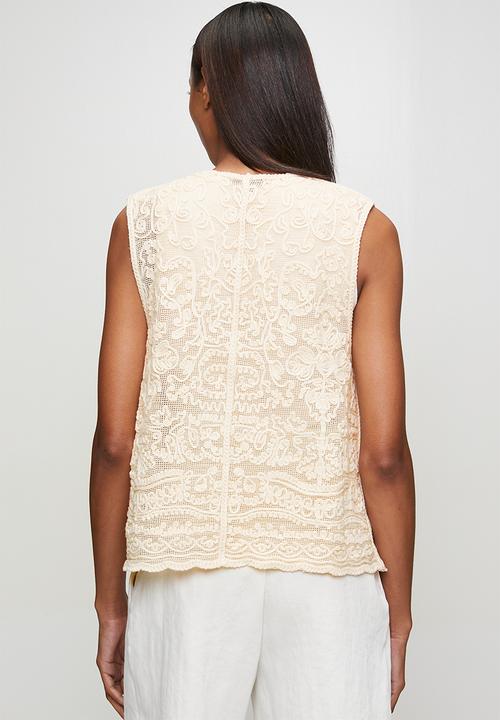 MANDI - Sleeveless V-Neck Crochet Waistcoat - Ivory
