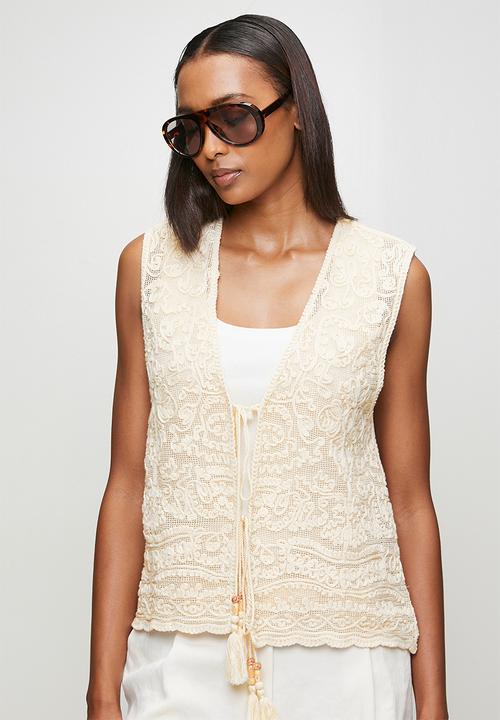 MANDI - Sleeveless V-Neck Crochet Waistcoat - Ivory