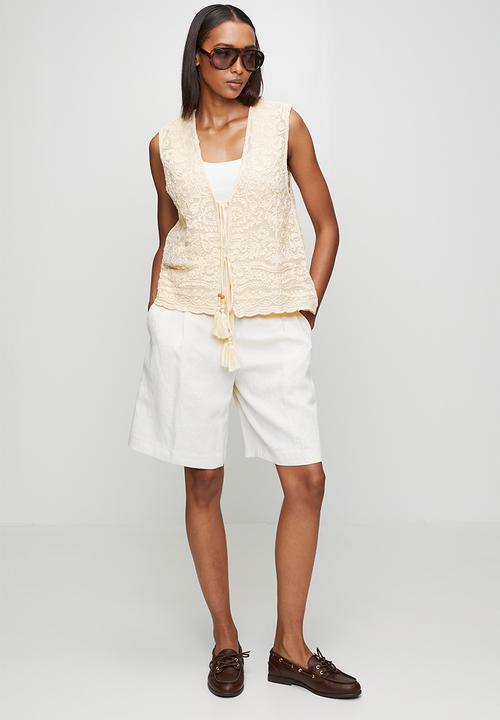 MANDI - Sleeveless V-Neck Crochet Waistcoat - Ivory