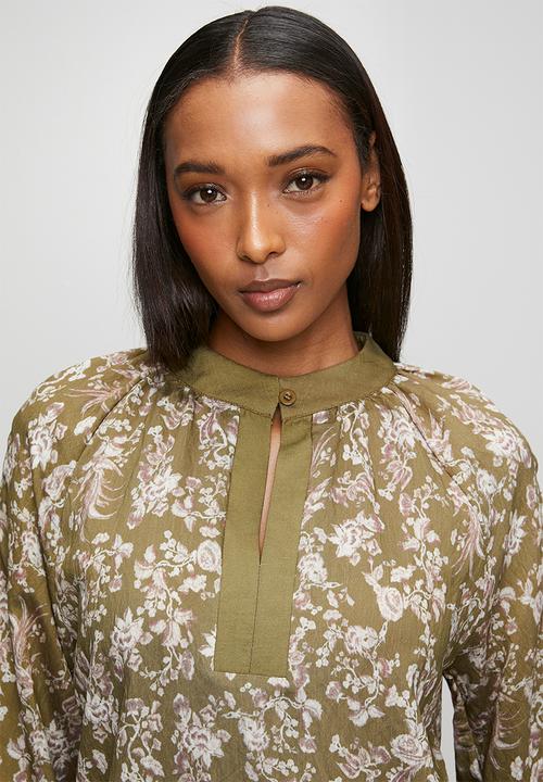 MANDI - Long sleeve Key Hole Printed Blouse - Olive