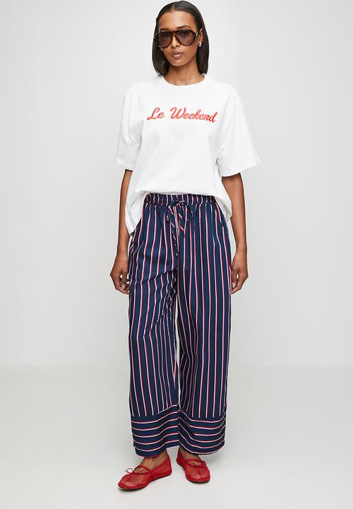 Me&B - Navy Stripe Wide Leg Pant - Navy stripe