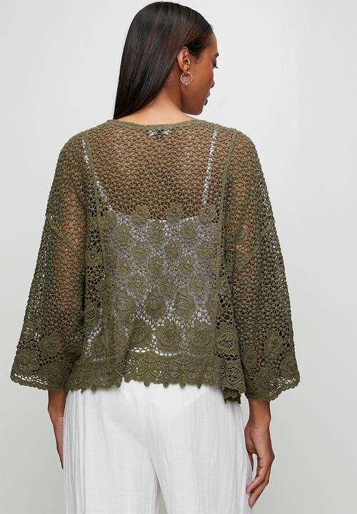 Izabel London - Batwing Sleeve Cardi In Lace - Khaki