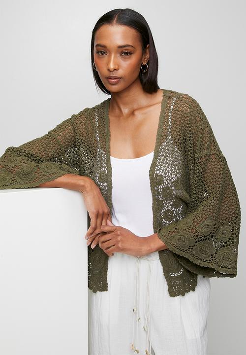 Izabel London - Batwing Sleeve Cardi In Lace - Khaki