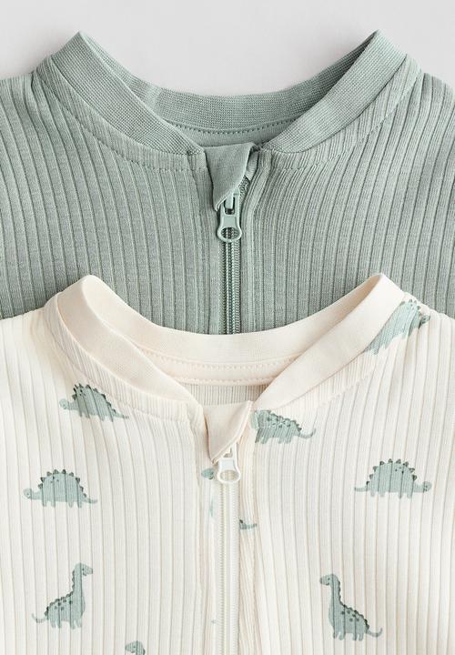 H&M - 2-Pack short cotton sleepsuits - dusty green/dinosaurs