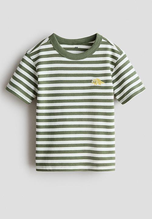 H&M - Embroidery-detail t-shirt - khaki green/striped