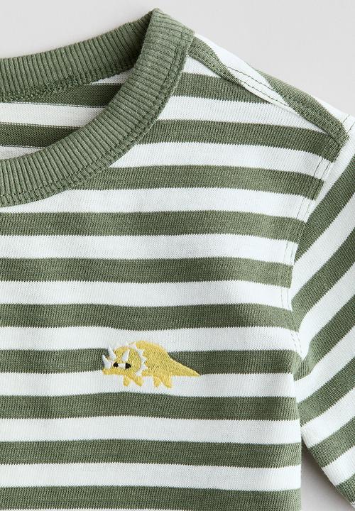 H&M - Embroidery-detail t-shirt - khaki green/striped