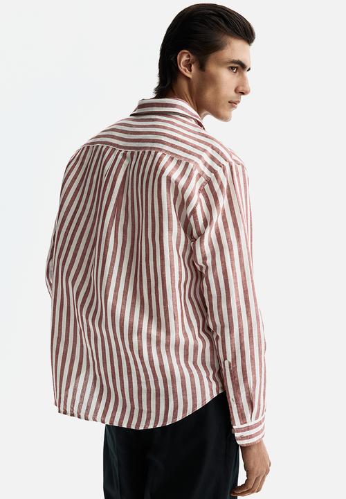 H&M - Relaxed fit linen-blend shirt - rust red/striped