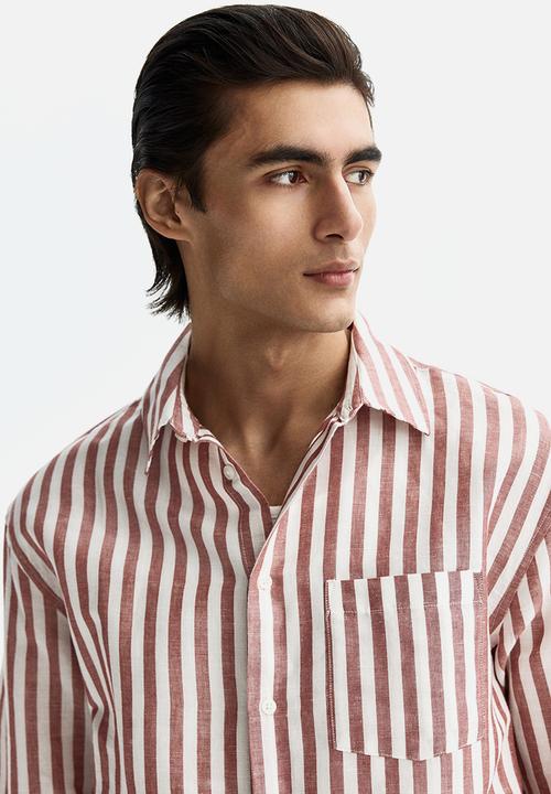 H&M - Relaxed fit linen-blend shirt - rust red/striped