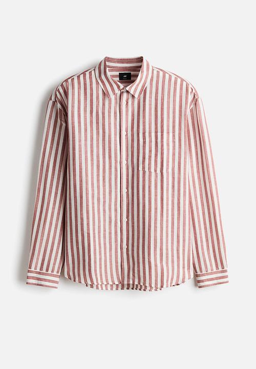 H&M - Relaxed fit linen-blend shirt - rust red/striped