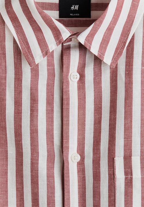 H&M - Relaxed fit linen-blend shirt - rust red/striped