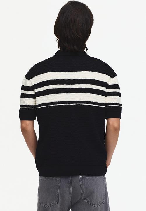 H&M - Regular fit pointelle-knit polo shirt - black/colour block