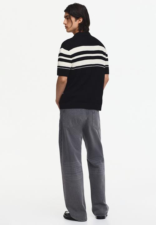 H&M - Regular fit pointelle-knit polo shirt - black/colour block