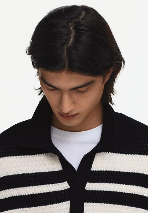 H&M - Regular fit pointelle-knit polo shirt - black/colour block