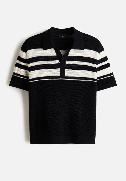 H&M - Regular fit pointelle-knit polo shirt - black/colour block