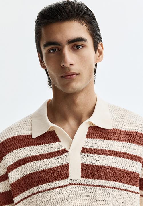 H&M - Regular fit pointelle-knit polo shirt - cream/colour block