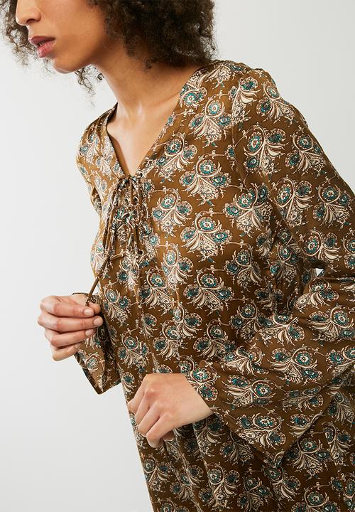 Glamorous - Tie Front Teal Print Dress