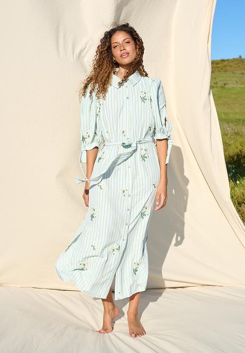 Me&B - Crosshatch Embroidered Puffed Sleeve Shirt Dress - Whitemulti