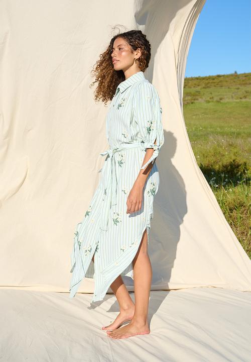 Me&B - Crosshatch Embroidered Puffed Sleeve Shirt Dress - Whitemulti