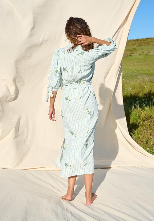 Me&B - Crosshatch Embroidered Puffed Sleeve Shirt Dress - Whitemulti